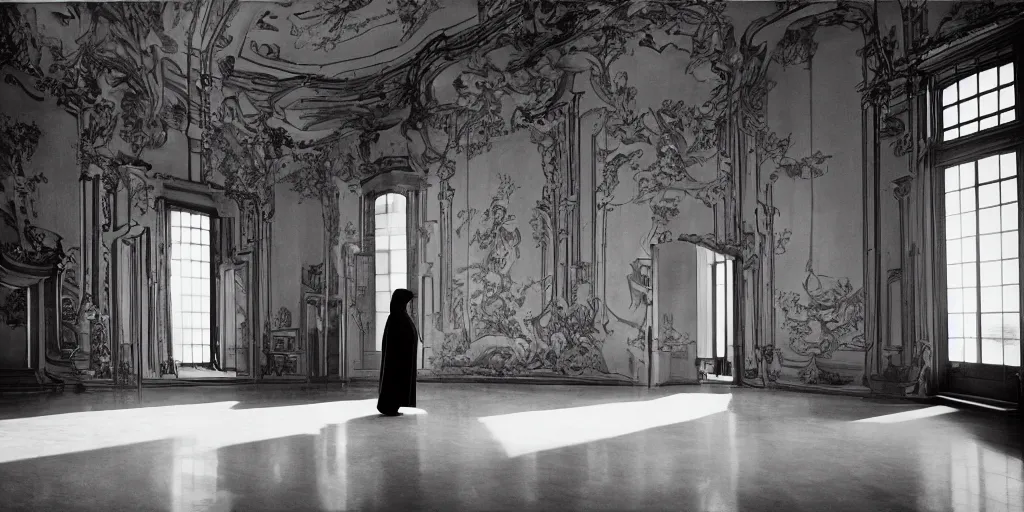 Image similar to Batman standing in giant Italian modern castle living room, clean minimalist design, that is 1300 feet tall, with very tall giant walls filled with modern art paintings, doors that are cosmic portals, photo by Annie Leibovitz