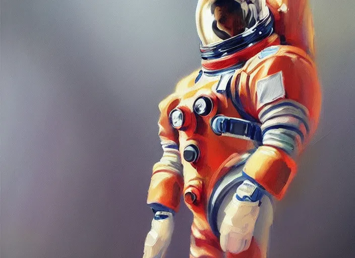 Image similar to space suit designed by apple, concept art oil painting by Jama Jurabaev, extremely detailed, brush hard, artstation