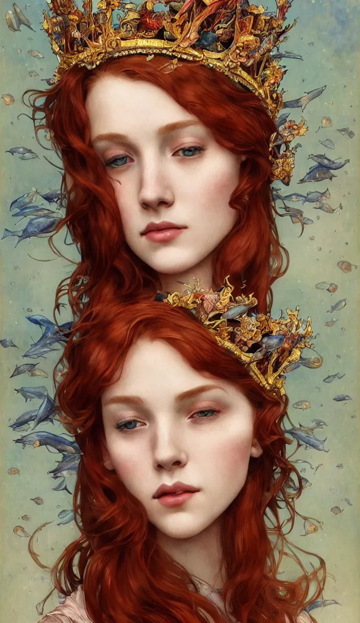 Prompt: beautifull portrait of a young redhair woman wearin a crown made of fish in watercolors, intricate, elegant, highly detailed, digital painting, artstation, concept art, smooth, sharp focus, illustration, art by krenz cushart and artem demura and alphonse mucha, dynamic lighting, ultrarealistic, cinematic, octane render, unreal engine, 8 k