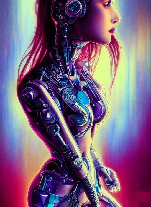 Prompt: beautiful young woman, extremely detailed gorgeous face, sad eyes, tears, cyberpunk, cybernetic, cyborg, sexy body and face, vaporwave aesthetic, synthwave, colorful, psychedelic, intricate, elegant, highly detailed, digital painting, artstation, concept art, smooth, sharp focus, illustration, art by artgerm and greg rutkowski and alphonse mucha