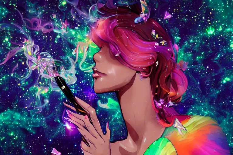 Image similar to psychedelic, full body, whimsical, anime, 4k, beautiful lusty woman blowing smoke, with professional makeup, long trippy hair, a crystal and flower dress, sitting in a reflective pool, surrounded by gems, underneath the stars, rainbow fireflies, trending on patreon, deviantart, twitter, artstation, volumetric lighting, heavy contrast, art style of Ross Tran and Viktoria Gavrilenko and Ilya Kuvshinov