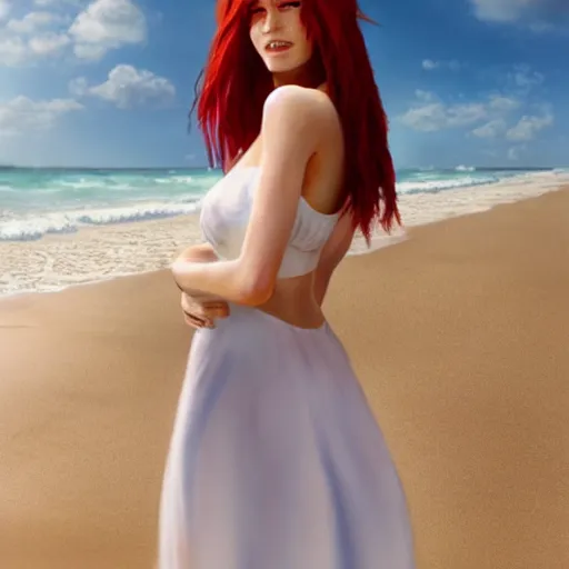 Prompt: beautiful woman with red hair in white sundress on the beach, perfect face, perfect body, eye contact, flirting, smiling, drawn by greg rutkowski