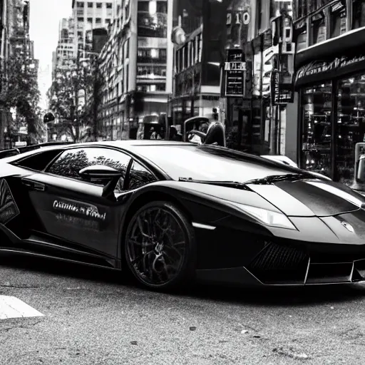 Image similar to black and white press photograph of a man in a suit pushing a lamborghini that is out of gas on a busy city street, sideview, detailed, natural light, mist, film grain, soft vignette, sigma 5 0 mm f / 1. 4 1 / 1 0 sec shutter, imax 7 0 mm footage