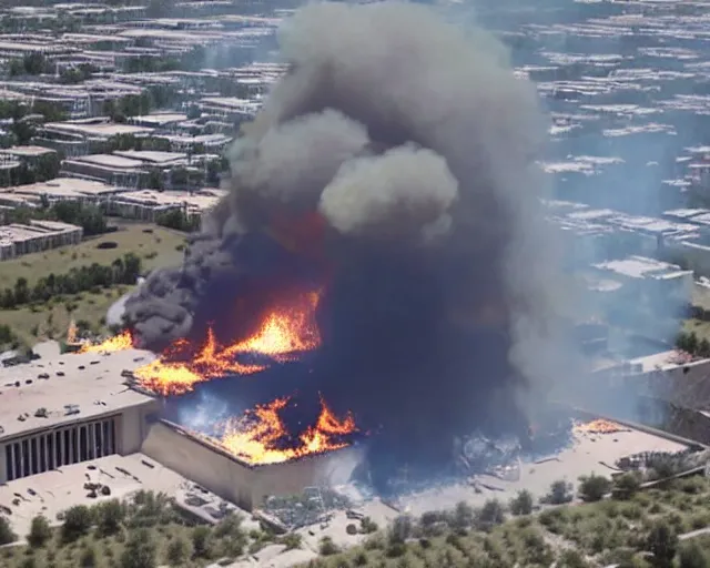 Image similar to birds eye view of el chapo exploding out of prison in deep meditation. there is smoke and fire everywhere. clear sunny day.