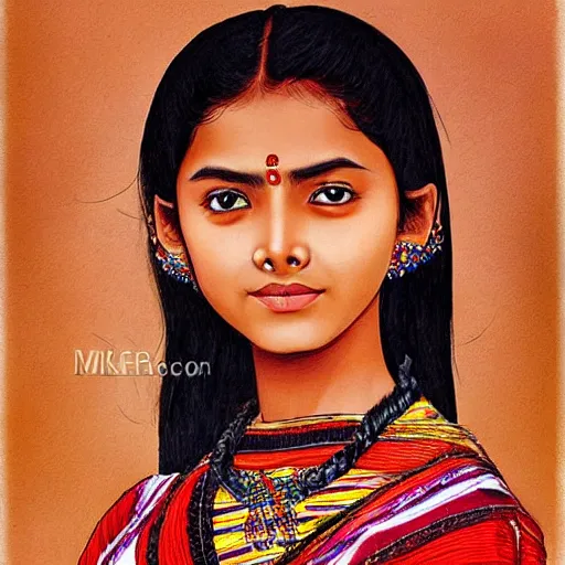 Prompt: Portrait of a beautiful teen Assamese girl wearing bihu Assam traditional dress mekhela, art by mark brooks