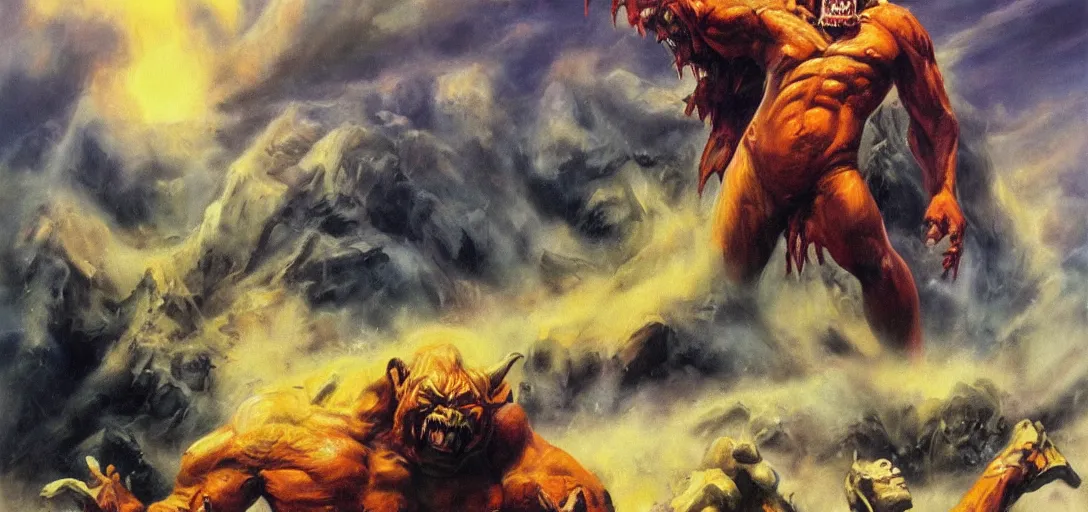 Prompt: oil painting of lone giant orc roaring as it steps over it's fallen enemy's bodies, boris vallejo, vibrant, high contrast