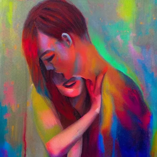 Image similar to stunning oil painting portrait of a young woman hugging an abstract human figure in the style of Meredith Marsone, spring colors