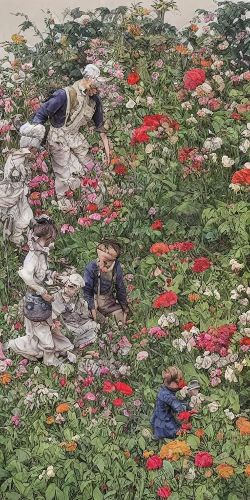 Image similar to oil painting scene from gardeners in the flower garden by kim jung gi