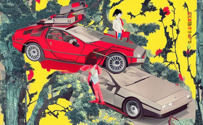 Prompt: a red delorean and a yellow tiger, colourful magazine collage, art by hsiao - ron cheng and utagawa kunisada