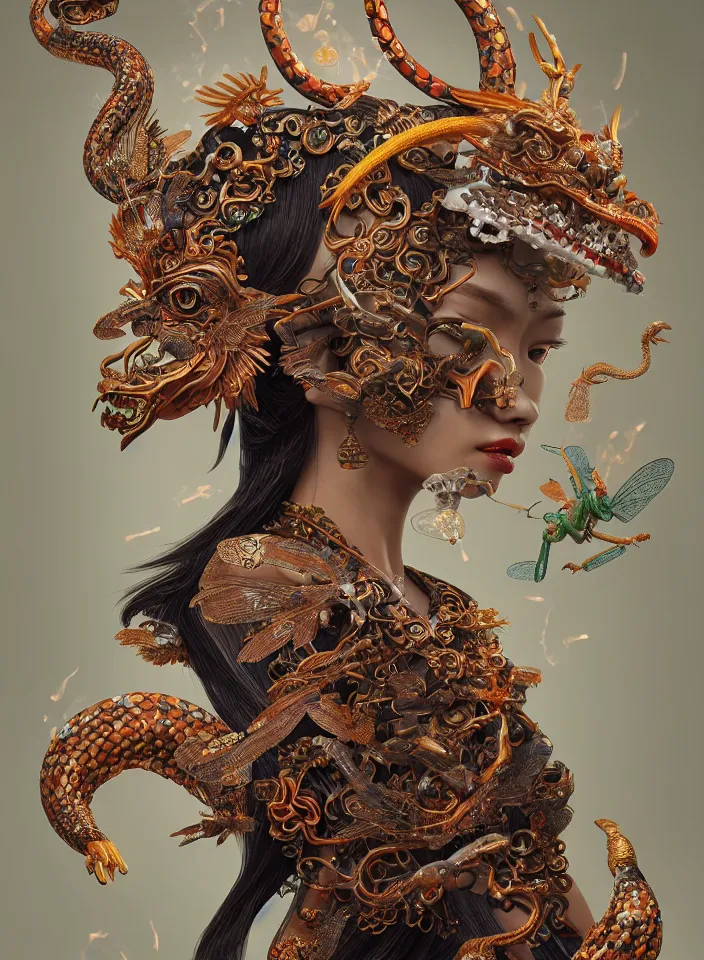 Image similar to 3 d goddess close up profile portrait with agate snake skull, beautiful intricately detailed bird mask and clasical chinese cheongsam. chinese dragon, dragonfly, bio luminescent, plasma, fire, water, wind, creature, artwork by tooth wu and wlop and beeple and greg rutkowski