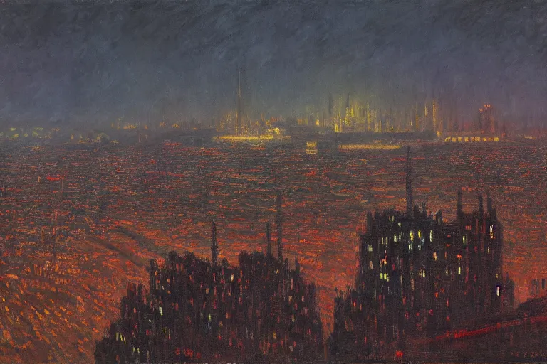 Image similar to Lisbon in 2287, cyberpunk, dark academia, by Simon Stålenhag and Claude Monet, oil on canvas