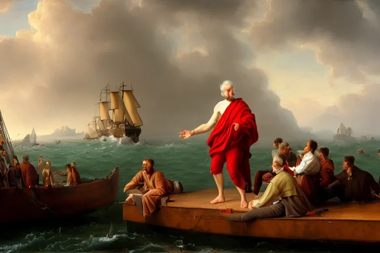 Image similar to ( ( a beautiful 8 k photorealistic masterpiece oil painting ) ( of ( philosopher lecturing to an audience while ship is sinking on the background ) ) ) ( hyperrealism ) ( 1 6 k ) ( trending on artstation )