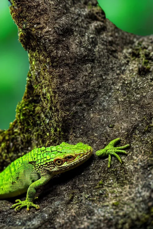 Image similar to a macro photo of a lizard on a moss covered rock, shiny scales, moss and vegetation, ancient forest, close - up, intricate details, intricately detailed textures, warm lighting, vivid colors, smoke and mist, hyper realistic octane render, volumetric shading, depth of field, raytracing, 8 k,