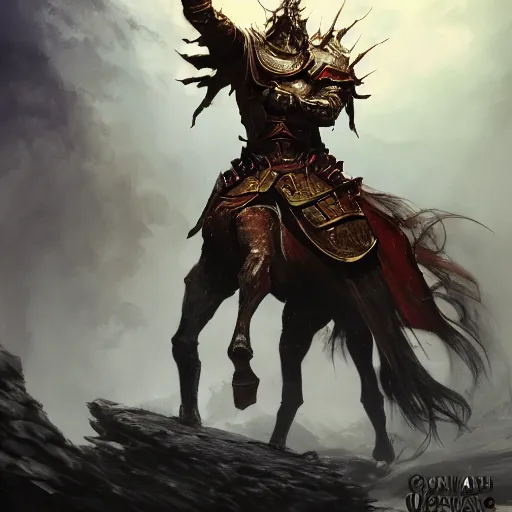 Image similar to Horse, Anthropomorphized, as warlord general on skull throne, magic the gathering artwork, D&D, fantasy, cinematic lighting, centered, symmetrical, highly detailed, digital painting, artstation, concept art, smooth, sharp focus, illustration, volumetric lighting, epic Composition, 8k, art by Akihiko Yoshida and Greg Rutkowski and Craig Mullins, heroic pose, oil painting, cgsociety, Battlefield background, explosions, arrows