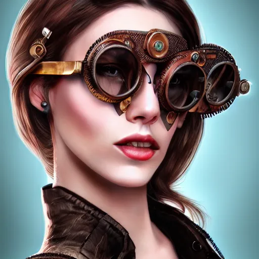Prompt: Portrait of a beautiful woman wearing steampunk glasses, hyper detailed, photorealistic, digital art, trending on ArtStation