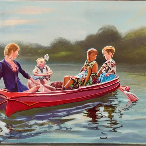 Image similar to lavish by keith parkinson. the experimental art of a group of well - dressed women & children enjoying a leisurely boat ride on a calm day. the women are chatting & laughing while the children play with a toy boat in the foreground.