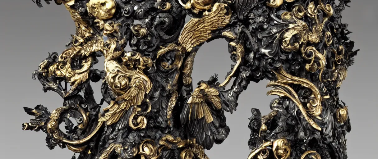 Image similar to carved black marble mechanical sculpture wearing hard surface armour, subtle gold accents, frontal view, ivory rococo, wings lace wear, hyper detailed, insane details, intricate