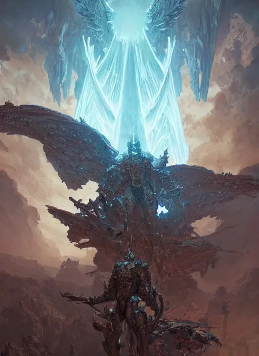 Image similar to rebulon the ancient arch angel - demon, by greg rutkowski and geof darrow, masterpiece concept art, 8 k, intricate detail, cinematic lighting, epic pose, deep colors, majestic view