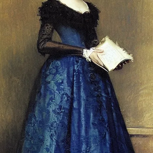 Image similar to young victorian lady in ball gown, absent - minded, holding a book, high hand detail!, painted by alfred stevens