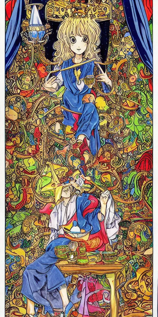 Image similar to a mystical man with a goblet on the table, wizard hat, drawn by Naoko Takeuchi, impressive line work, tarot card. tarot card the magician, psychedelic, intricate, detailed, full color