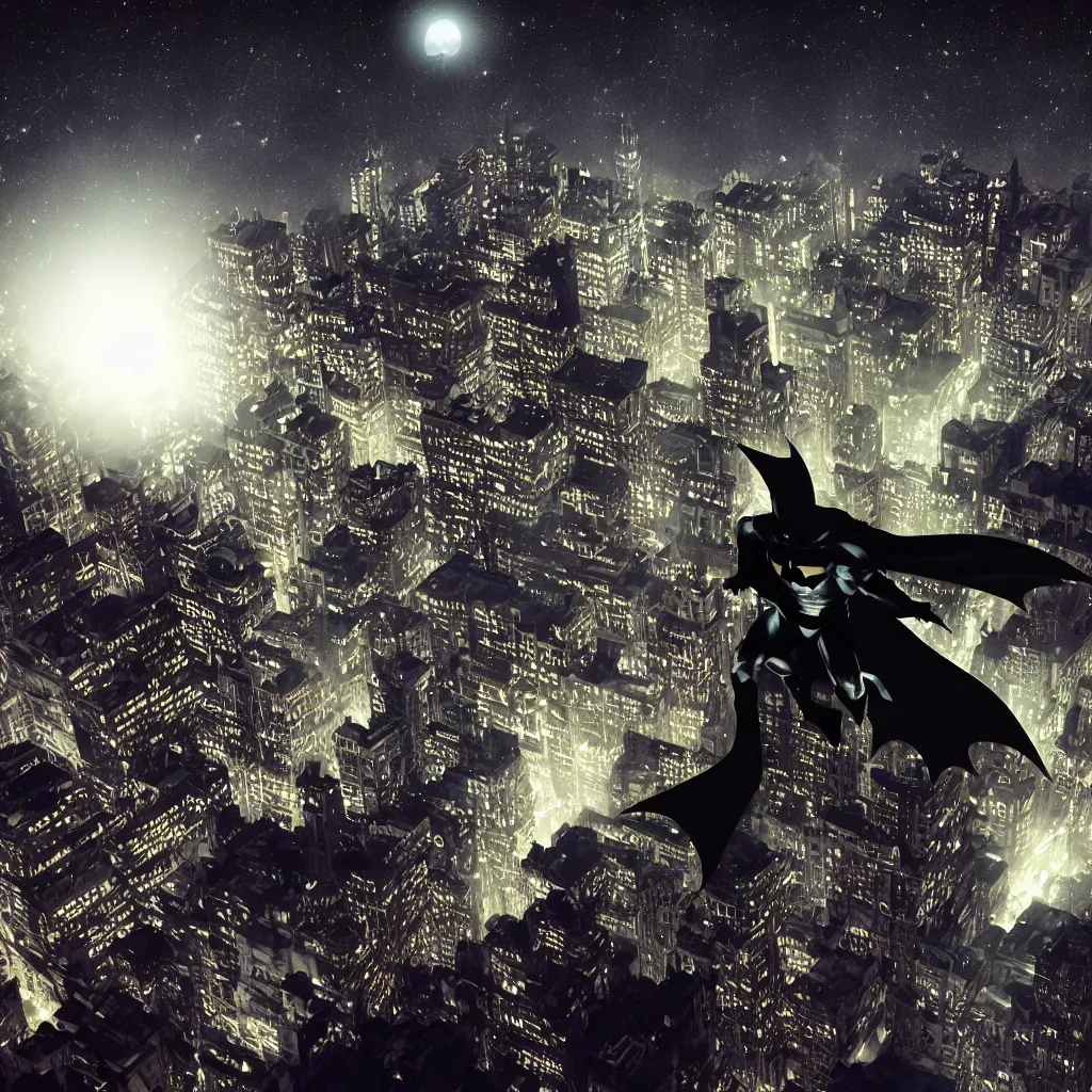 Image similar to batman watching over gotham city at night