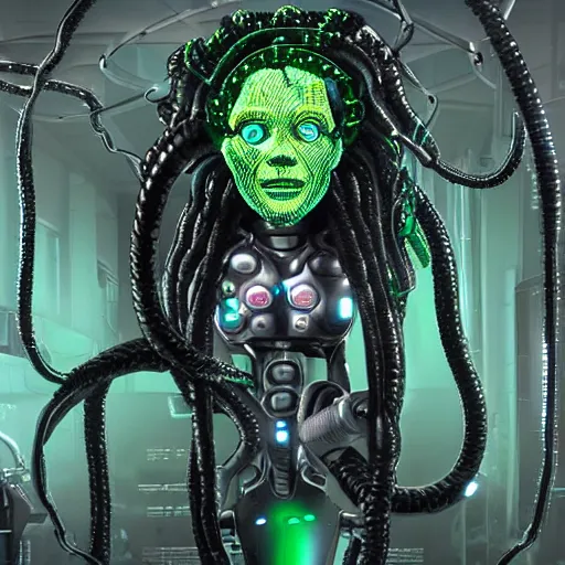 Image similar to the upper torso of a terminator gorgon medusa with borg implants and robotic snakes coming out of her head is hanging from cables and wires off the ceiling of a lab. Her bottom half is missing with cables hanging out. Tiny green led lights in her cybernetics. She is taking a sip from a cup of coffee. very detailed 8k. Horror cyberpunk style.