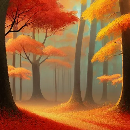 Prompt: goro fujita ilustration an autumn forest with tall trees, the ground full of leaves, the light rays reach the ground, the rain falls creating drops all over the forest., painting by goro fujita, sharp focus, highly detailed, artstation