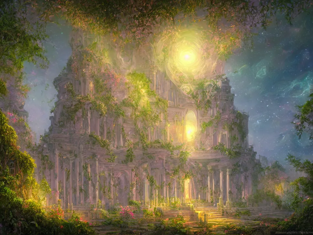 Prompt: beautiful highly detailed digital illustration of a celestial palatial garden with pillars of light towering above. by Andreas Rocha, colorful nebula in the night sky, stars, flowers and vines and creepers, establishing shot, cinematic, architecture, artstation HQ, HD, 8k resolution, featured in art magazine