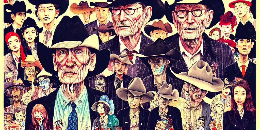 Image similar to full view of william s burroughs, wearing a cowboy hat, style of yoshii chie and hikari shimoda and martine johanna and will eisner, highly detailed