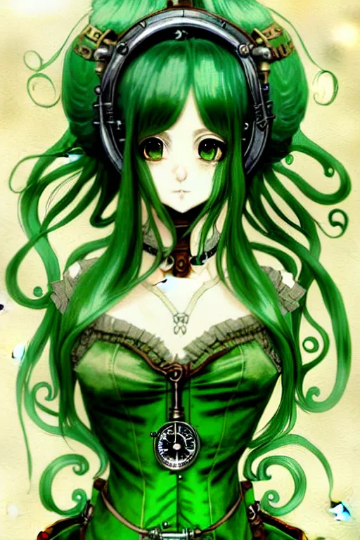 Image similar to beautiful green hair anime woman victorian dress, steampunk, fantasy, eerie, intricate details, pixiv, digital painting, artstation, concept art, 8 k, art by artgerm, loish and alohonse mucha and eiichiro oda symmetrical face symmetrical eyes