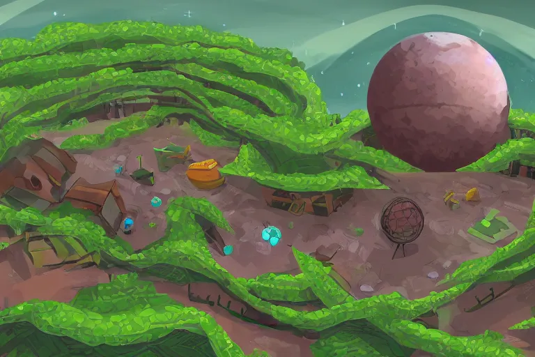 Prompt: computer game concept art of a small planet in the future, a Tinker's shack on a barren planet, wild berry vines, a berry farm, space junk, volcanoes