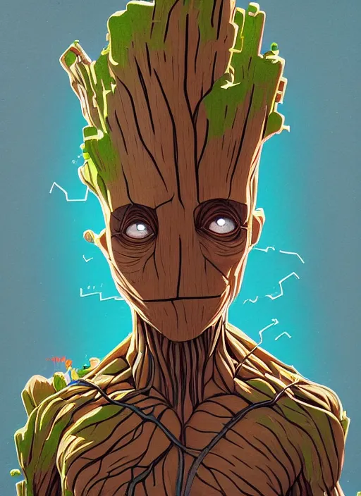 Prompt: symmetry!! portrait of groot by sachin teng, organic, cables, matte painting, geometric shapes, hard edges! graffiti, street art