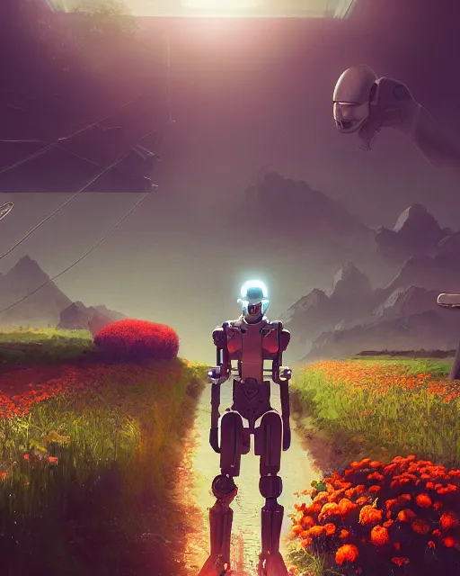 Prompt: friendly carrot cyborg, robocop, scifi farm, morning light, aura of carrots, weather station, flowers, cinematic, mountains, epic design, atmosphere, welcoming smile, high quality, perfect, 8 k high detail, masterpiece, trending on artstation, by akihiko yoshida, marco plouffe