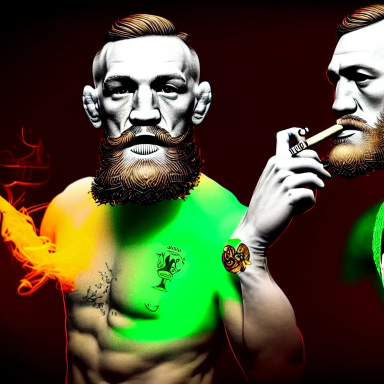 Image similar to a intricately detailed portrait of conor mcgregor smoking a lit cigar in an irish pub with a neon bar, smoke rising like clouds, balanced, trending on art station, volumetric lighting & shadows, hyper detailed, digital art, unreal engine, 4 0 0 mm f 1. 8,