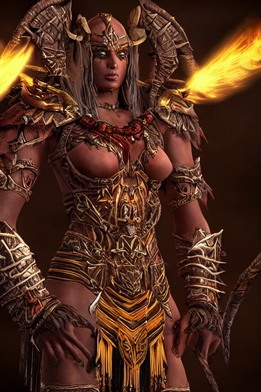 Image similar to beautiful amazonian warrior in demonic armour, diablo 4, ultra detail, upscale, ultra realistic, unreal engine 5