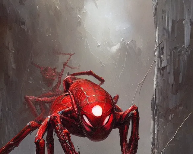 Image similar to spider - like alien creature, red, eyes growing on creature ; high detailed artwork by greg rutkowski ; sci - fi, detailed, scary, dangerous
