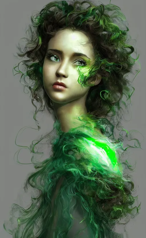 Image similar to a young woman with wild, curly hair and bright green eyes. she's wearing a flowing dress made of light, airy fabric and she has a mischievous look on her face, dynamic lighting, photorealistic fantasy concept art, trending on art station, stunning visuals, creative, cinematic, ultra detailed