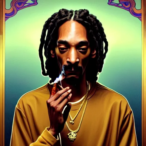 Image similar to intense portrait of the snoop dog meditating in lotus position while smoking a joint, intricate, elegant, highly detailed, my rendition, digital painting, artstation, concept art, smooth, sharp focus, radiant light, illustration, art by artgerm and greg rutkowski and alphonse mucha