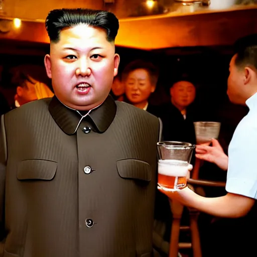 Prompt: kim jong - un having a drink in an ambient bar
