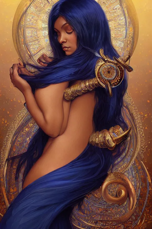 Image similar to a beautiful deep blue skinned woman, big ram horns, flowing dress, gold jewellery, dnd, face, fantasy, intricate, elegant, highly detailed, digital painting, artstation, concept art, smooth, sharp focus, illustration, art by artgerm and greg rutkowski and alphonse mucha