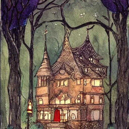 Image similar to the hall in the castle decorated for halloween hayao miyazaki in a small clearing among trees, watercolor illustration for a book