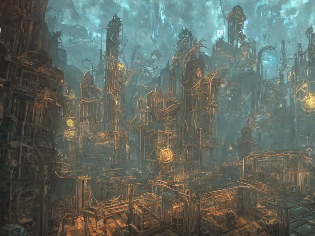 Image similar to decaying underwater city from bioshock, concept art, oil painting, art deco architecture