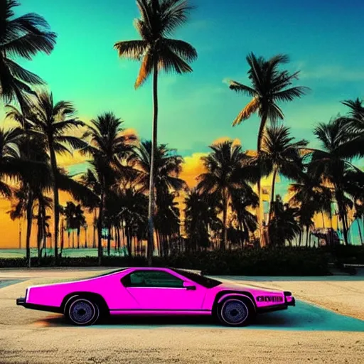 Image similar to miami beach sunset vapor wave palm trees 80s synth retrowave delorean decal car wide shot epic post apocalyptic landscape miami nuke fire craters end of the world