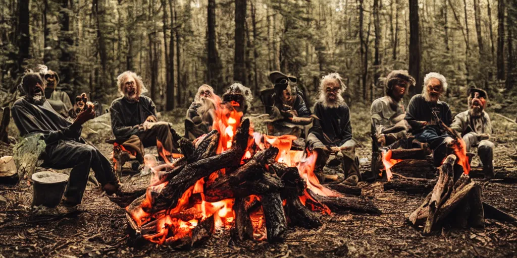 Prompt: old forest hermits holding voodoo dolls around a wildly lit campfire in an ominous forest, photography