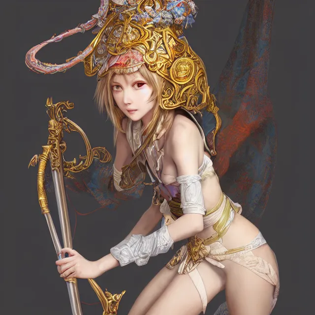 Image similar to studio portrait of neutral good colorful female cleric bard healer as absurdly beautiful, elegant, young skinny gravure idol, ultrafine hyperrealistic detailed face illustration by kim jung gi, irakli nadar, intricate linework, sharp focus, bright colors, matte, octopath traveler, final fantasy, unreal engine highly rendered, global illumination, radiant light, intricate environment