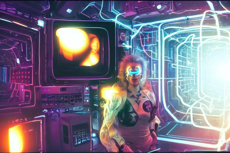 Prompt: friendly cyborg - woman emerging from a space portal in cyberspace, fractal, in 1 9 8 5, y 2 k cutecore clowncore, bathed in the glow of a crt television, crt screens in background, low - light photograph, in style of tyler mitchell