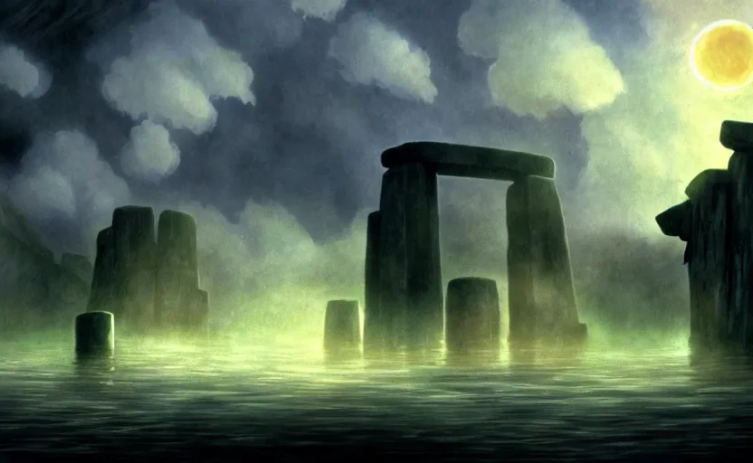 Image similar to a realistic and atmospheric cell - shaded concept art from howl's moving castle ( 2 0 0 4 ) of a futurist sci - fi city and stonehenge in a flooded rainforest. it is a misty starry night. very dull muted colors, hd, 4 k, hq
