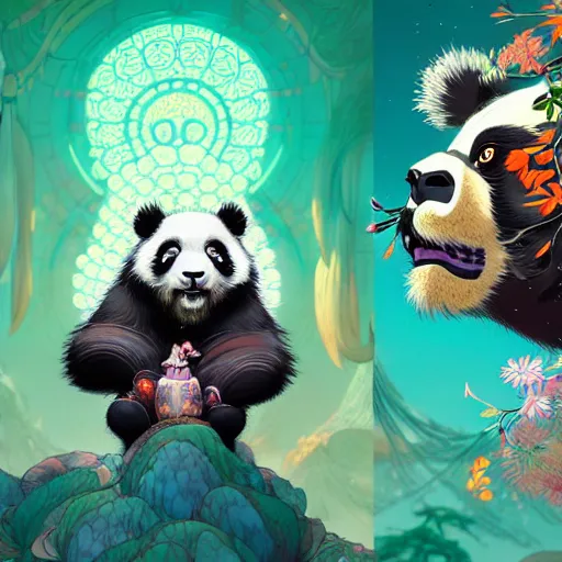 Image similar to a beautiful hyperdetailed character design 4 k wallpaper illustration of a cute panda with a chinese lion dance head victo ngai cyberpunk style, from china, style of studio ghibli, makoto shinkai, raphael lacoste, louis comfort tiffany, artgerm, james jean, ross tran, chinese style