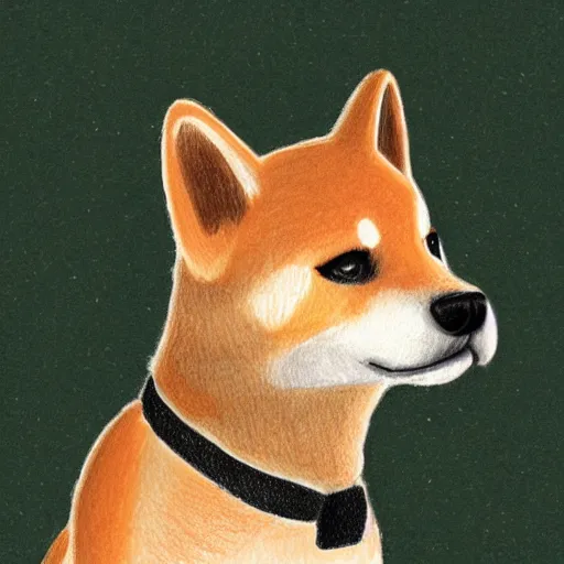 Image similar to A drawing of a Shiba Inu dog wearing a soldier's helmet, color