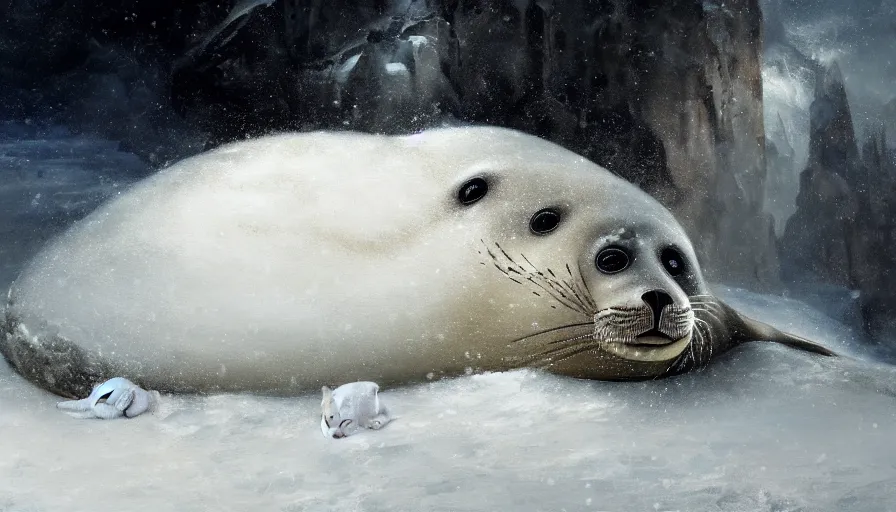 Image similar to highly detailed closeup painting of one big seal looking after lots of cute furry white baby seals inside a snowy fantasy ice crystal cavern by william turner, by greg rutkowski, by william constable, thick brush strokes and visible paint layers, 4 k resolution